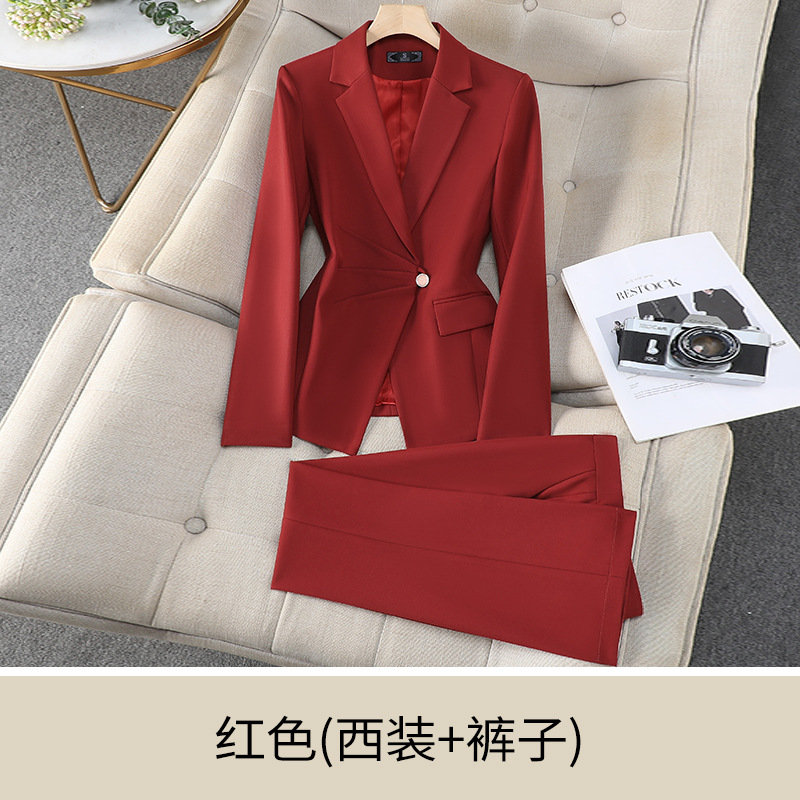 Red suit with slightly flared trousers