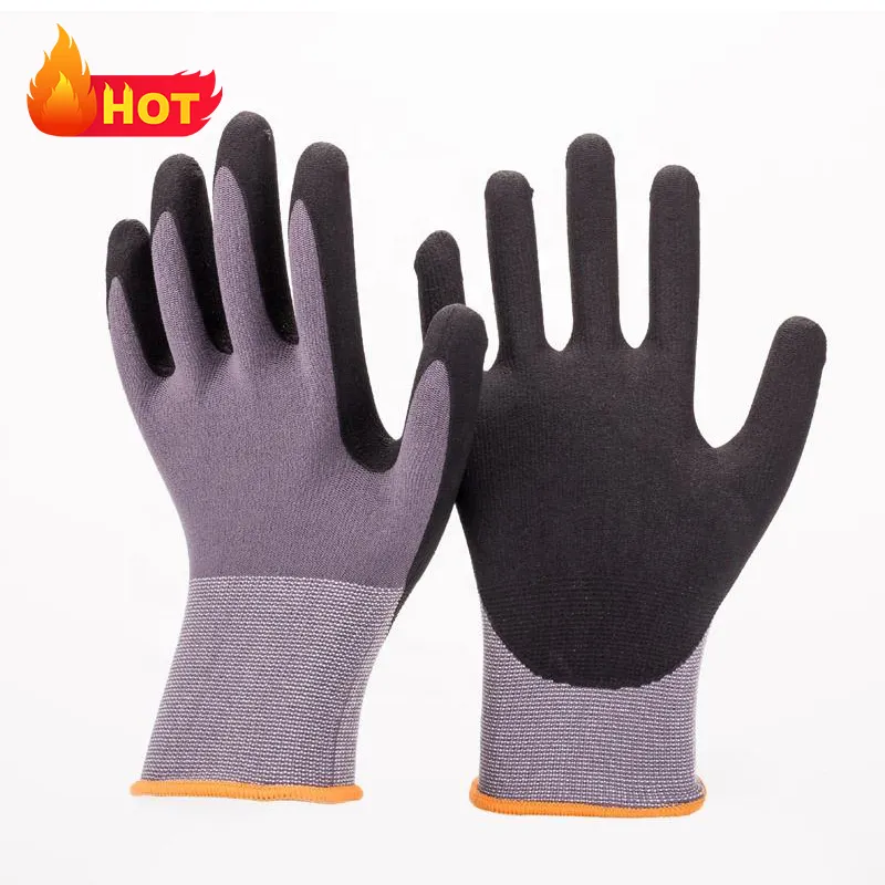 Usine En Gros Bon Flex 15G Nylon Spandex Gants De Sécurité Au Travail Noir NBR Paume Enduit Sandy Nitrile Enduit Gants De Travail