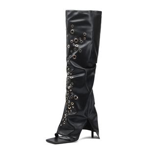 Botas de verano para mujer hasta la rodilla, con una sola banda, tacón alto, cremallera lateral, botines largos con orificios metálicos, logotipo personalizado, zapatos. - Product Image 1