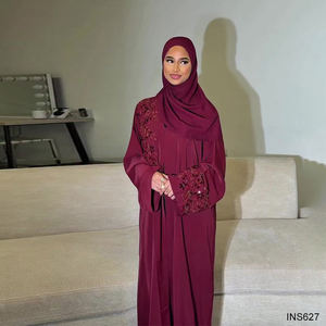 Abaya Roja <span class=keywords><strong>de</strong></span> Lujo con Cuentas 2026, Ropa Islámica para Eid y Ramadán, Abayas Árabes con Hiyab - Product Image 1