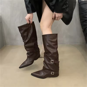 Bottes à bout pointu au-dessus du genou, chaussures pour femmes en cuir de créateur de haute qualité, mode rétro, boucle de ceinture épaisse, bottes longues plissées - Product Image 2