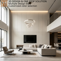 Console TV de luxe minimaliste sans poignées avec rangement mural intégral et éclairage LED pour salon à plafond haut