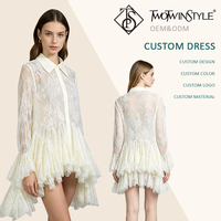 Robe mini en dentelle transparente unie pour femme, col pointu, manches longues évasées, volants superposés, ourlet irrégulier, pour les vacances et les clubs, vente en gros