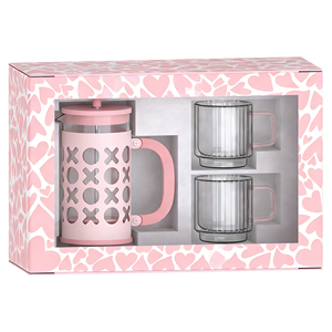 Coffret cafetière à piston 350 ml / 1000 ml pour la Saint-Valentin, avec tasses en verre rose – Cadeau romantique pour les couples - Product Image 1