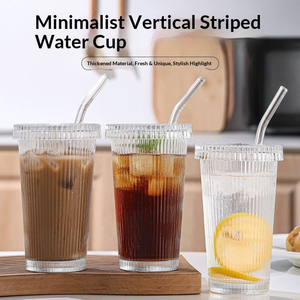 Caneca de Café de Vidro com Listras Verticais Caneladas de 380ml (12.7oz) com Alça e Tampa para Bebidas Quentes e Frias - Product Image 6
