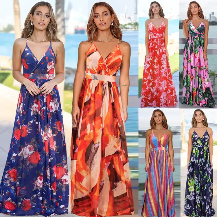 Beach Dresses 2022 Wholesale Summer Longue Robe De Plage Sexy Flora Print New Fashion Lady Maxi Long Beach Dress For Women