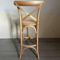 Tabouret de bar vintage en bois massif avec dossier croisé et assise en rotin, chaise haute de salle à manger pour hôtel, maison, restaurant, cuisine