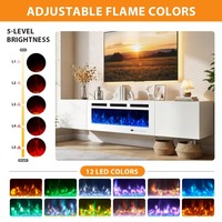Meuble TV mural flottant bicolore noir et blanc de style farmhouse avec foyer électrique de 36 pouces et éclairage LED