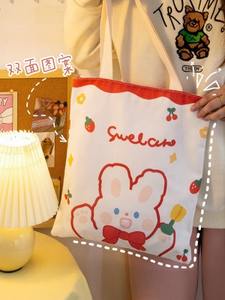 Grosir tas bahu belanja besar katun anak perempuan pelajar bersisi ganda cetakan beruang kelinci tas tote kanvas tugas berat - Product Image 5