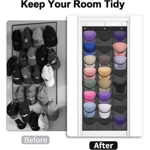 <b>Hat</b> Rack 24 Pocket Over Door Organizer With Hooks For Baseball Caps Clear Pockets Wall Mount Storage Black - Product Image 4