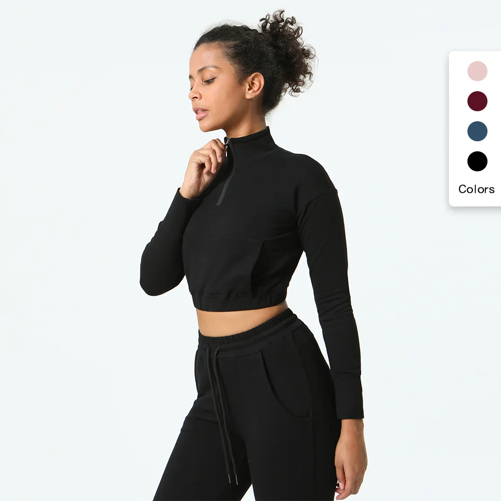 Organic cotton spandex Female Sport Suit Half zipper Fitness Clothing Sport Wear Yoga Set Exposed umbilicus Women Activewear