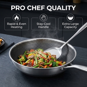 Wok Antiadherente de Acero Inoxidable FLEY con Diseño de Panal de Abeja, Mango Reforzado Resistente al Calor, Utensilio de Cocina sin Recubrimiento para el Hogar y Restaurantes - Product Image 4