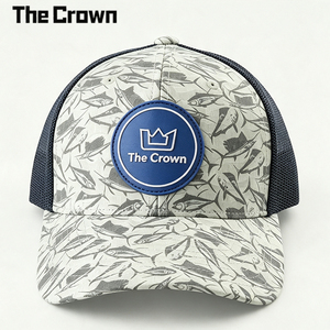 Casquette Trucker Personnalisée en Gros de Haute Qualité avec Patch en Caoutchouc, Imprimé Poisson, 6 Panneaux, Dos en Maille, Visière Courbée, Bleu Marine, Réglable, Unisexe - Product Image 3