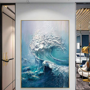 <span class=keywords><strong>Peinture</strong></span> à l'huile abstraite moderne faite à la main, paysage bleu en 3D, vagues océaniques, <span class=keywords><strong>peinture</strong></span> décorative sur toile peinte à la main, encadrée - Product Image 1
