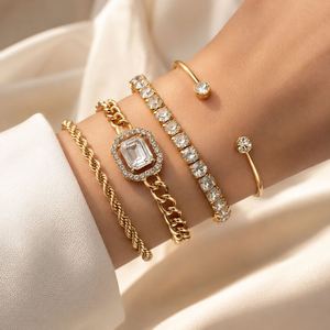 Hot Sell Vintage Gold Plated Zinc Alloy <b>Square</b> Diamond Adjustable Charm Bracelet Bangles <b>Set</b> High Polished Women's Jewelry Third - Product Image 1