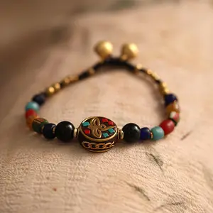 QIUHAN OEM Nepal Handmade Copper Beads Tibetan Stone Braided Rope Bracelet