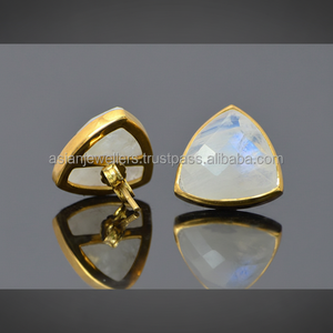 Rainbow Moonstone <b>Stud</b> Earrings Vermeil Gold 925 <b>Sterling</b> <b>Silver</b> Gemstone Handmade Wedding Jewelry - Product Image 1