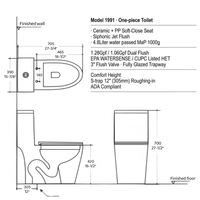 WC monobloc à double chasse, chasse à jet siphonique, hauteur confort, conforme ADA, CUPC, WaterSense, entièrement émaillé blanc