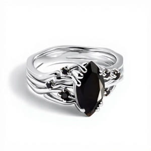 925 Sterling Silver Rhodium Plated <b>Black</b> <b>Onyx</b> Marquise Cut Statement <b>Ring</b> with <b>Black</b> Accents Modern Edgy Party <b>Ring</b> for Women - Product Image 1