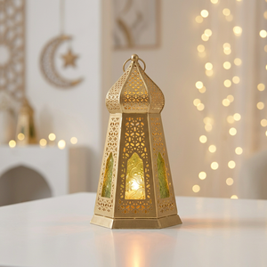 Manufacturers Ramadan Decoration Mini Gold Metal Moroccan Candle <b>Lantern</b> with Floral Glass for Home & Events - Product Image 1