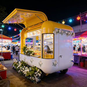 Carrito de Postres Móvil de Acero Inoxidable con 4 Ruedas, Decoración Floral Personalizada en Amarillo y Blanco para Helados, Comida Rápida, Mercado Nocturno y Pastelería - Product Image 1