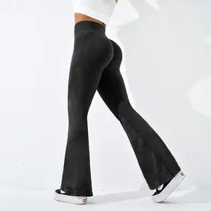 Women's New Spring Acid Wash High Waist Scrunch Butt Bell-bottom Flared Yoga Pants Seamless Bootleg Gym Leggings