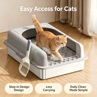 Litière pour chat de luxe semi-fermée extra-large, écologique, facile à nettoyer, gris clair argenté en acier inoxydable