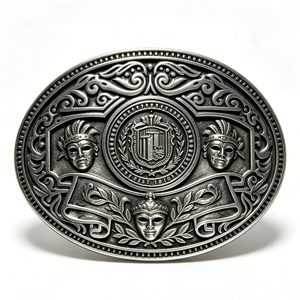 Hebilla de cinturón de aleación de zinc plateada antigua con diseño de máscaras y escudo en relieve, insignia redonda para coleccionismo artístico - Product Image 1