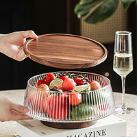 Socle en bois Grand bol en verre Salade de pâtes Fruits Yaourt Dessert Présentoir de céréales avec couvercle en bois pour servir un bol de service élégant