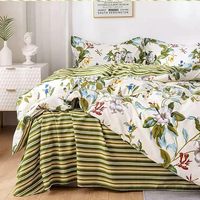 Ensemble de housse de couette réversible, durable, à fleurs, 100% coton, rayé vert et beige, literie fleurie shabby chic, doux avec fermeture éclair