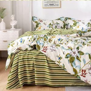 Reversible Duvet Cover Set Durable Floral 100% Cotton <strong>Green</strong> and Beige <strong>Striped</strong> Shabby Flower <strong>Bedding</strong> Soft with Zipper - Product Image 5