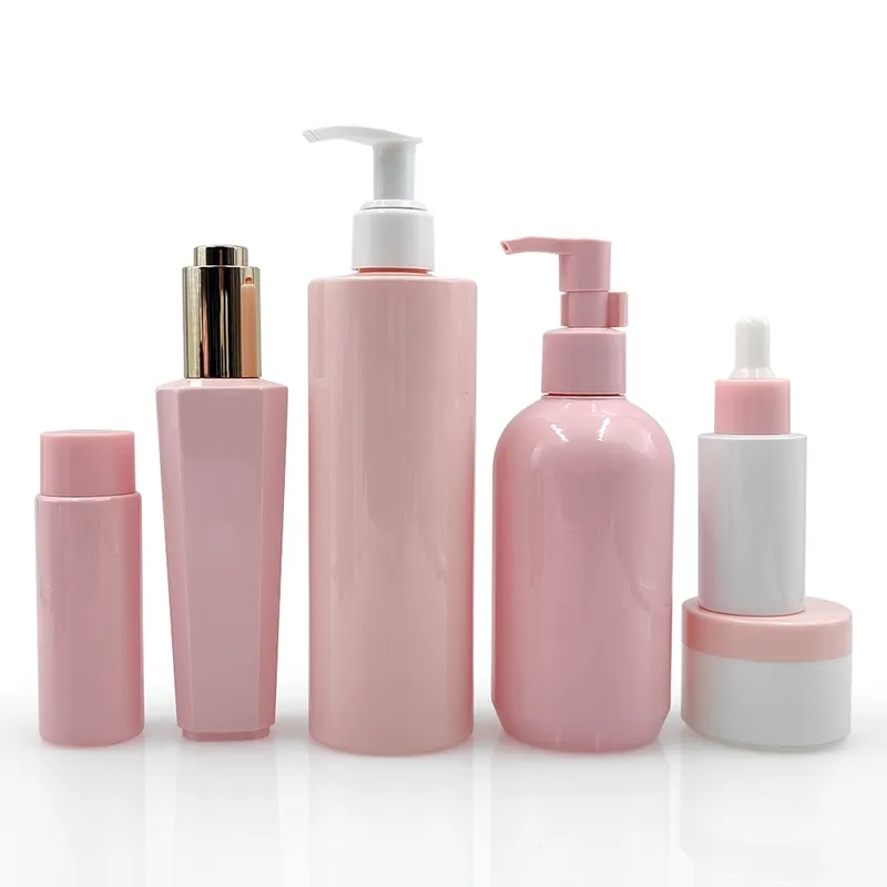 Toptan özel benzersiz pompa boş pembe yüz vücut kremi kavanoz Serum şampuan losyon şişesi Pp plastik cilt bakımı ambalaj konteyner