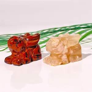 Natural Hand Carved Gemstone Crafts Cute Animal Crystal Rabbit Sakura Agate Red Obsidian For Decoration Pendant