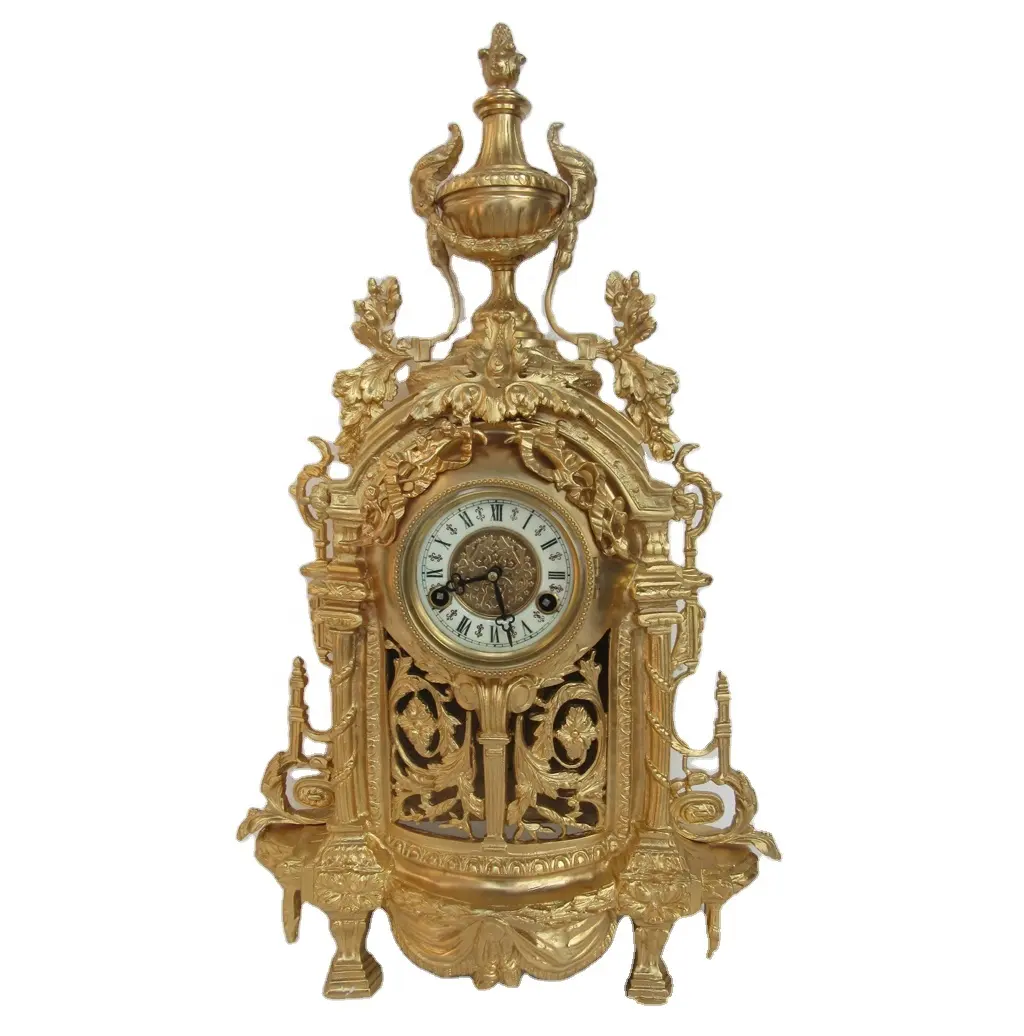 (24K Gilt) Antique Imitated from 18th French Cast Brass Mechanical Vintage Boulle Table Clock and A pair of Candle Holders