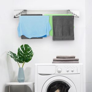 Wall Mounted Clothes Drying <b>Rack</b> 32" Drying <b>Rack</b> <b>Clothing</b> Collapsible Hidden Space Saver with Wall Template, 5 Rods, <b>White</b> - Product Image 6