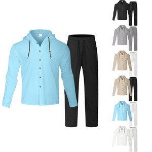 Completo da <span class=keywords><strong>uomo</strong></span> europeo <span class=keywords><strong>e</strong></span> americano in tinta unita, composto da <span class=keywords><strong>camicia</strong></span> casual a maniche lunghe con cappuccio <span class=keywords><strong>e</strong></span> coulisse <span class=keywords><strong>e</strong></span> <span class=keywords><strong>pantaloni</strong></span> larghi in cotone <span class=keywords><strong>e</strong></span> <span class=keywords><strong>lino</strong></span>. - Product Image 1