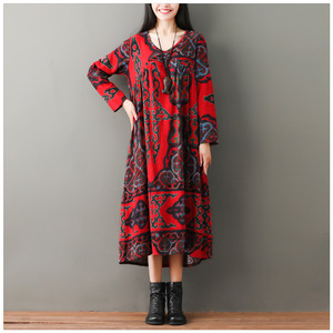 Di Fabbrica di alta Qualità Donna Allentato Vestito A Maniche Lunghe <span class=keywords><strong>Lungo</strong></span> Stile Etnico <span class=keywords><strong>Abito</strong></span> di Lino - Product Image 1