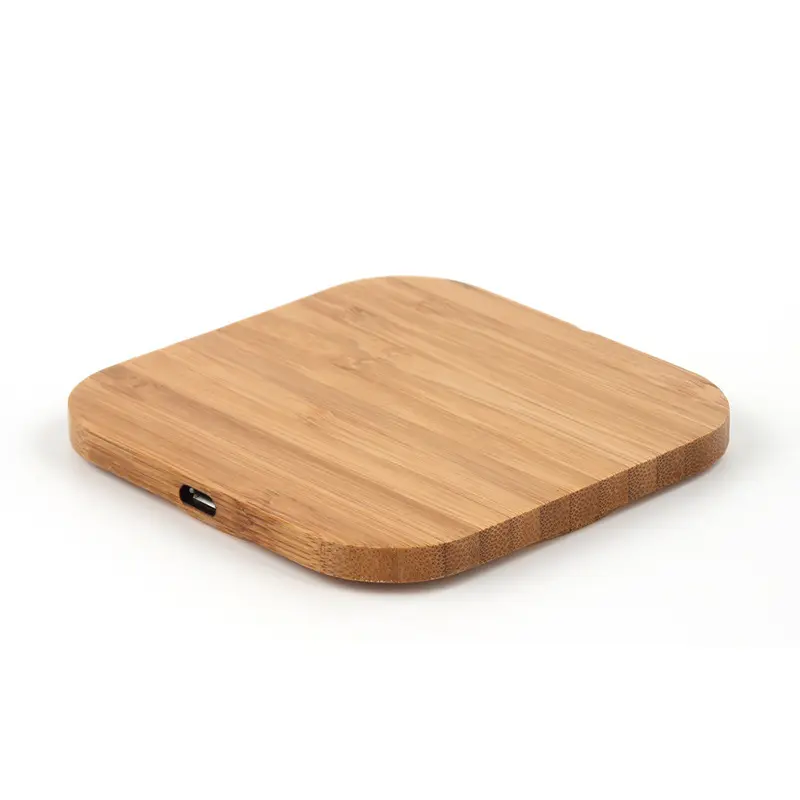 Top Quality Logo 5W 10W Coffee Table Desktop Square Wood Bamboo QI Wireless Phone Charging Station Charger Pad for Iphone