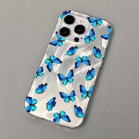 Hermosa funda de teléfono móvil de PC con estampado de mariposa azul y seda plateada para Iphone 8 X Xr Xs Max 11 12 13 14 15 16 17 Air