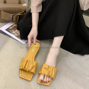 Wear Fashion Pleated Cool Slippers With Square <b>Head</b> Fairy <b>Style</b> One Word Slippers - Product Image 5