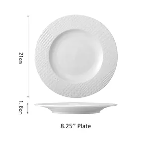 Wholesale White Porcelain Dinnerware Sets Round Embossed Table Dishes Restaurant Deco Ceramic Dinner Plate Set
