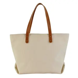 Tote Beach Bag Custom Travel Fashion Handbag Cotton Canvas Beach Tote Bag With Leather Handles