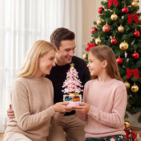 Nouveauté : Ensemble de blocs de construction éducatifs DIY, thème Arbre de Noël rose, avec base de train rotative, pour cadeaux et décorations de Noël festives