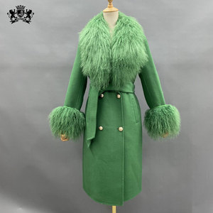 Abrigo de lana largo Janefur para mujer, abrigo de Cachemira de doble cara a la moda con cuello y puños de piel de cordero mongol - Product Image 2