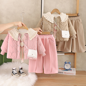Set Tre Pezzi per <span class=keywords><strong>Bambina</strong></span>, Completo Caldo Autunno-Inverno con Colletto a Volant, Outfit Imbottito Spesso per Bambini, Abbigliamento Casual per Uso Quotidiano e All'aperto - Product Image 1