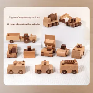 Mini voiture en bois massif pour enfants jeu de cognition Montessori éducatif précoce jouet d'anniversaire pour enfants véhicule d'ingénierie en bois massif - Product Image 2