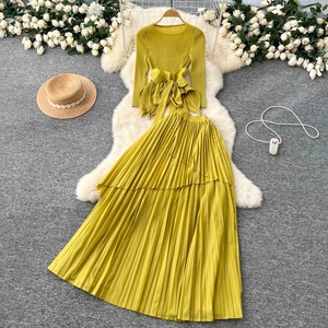 Set Pakaian Wanita Dua Potong Musim Gugur, Atasan dan Rok Lipit Lengan Panjang untuk Wanita, Set Rok 2 Potong - Product Image 5