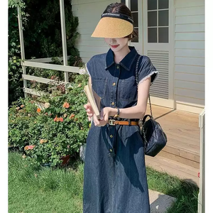 Vestido midi estilo francés casual lavado con cuello camisero y corte en A para picnic de fin de semana en el campus - Product Image 2