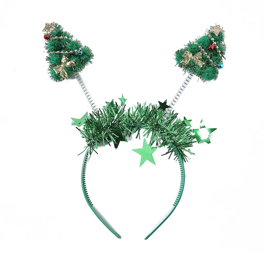 Último estilo, árbol de Navidad, lazo dorado, pequeña campana, diadema de aro de paja verde, diadema para accesorios de fiesta de Navidad