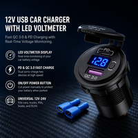 Chargeur de voiture USB-C à montage sur panneau PD QC 3.0 avec voltmètre numérique et couvercle rabattable pour bateau, marine, camion, camping-car, moto